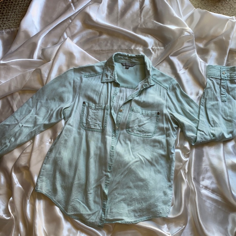 Light blue long sleeve, button up shirt